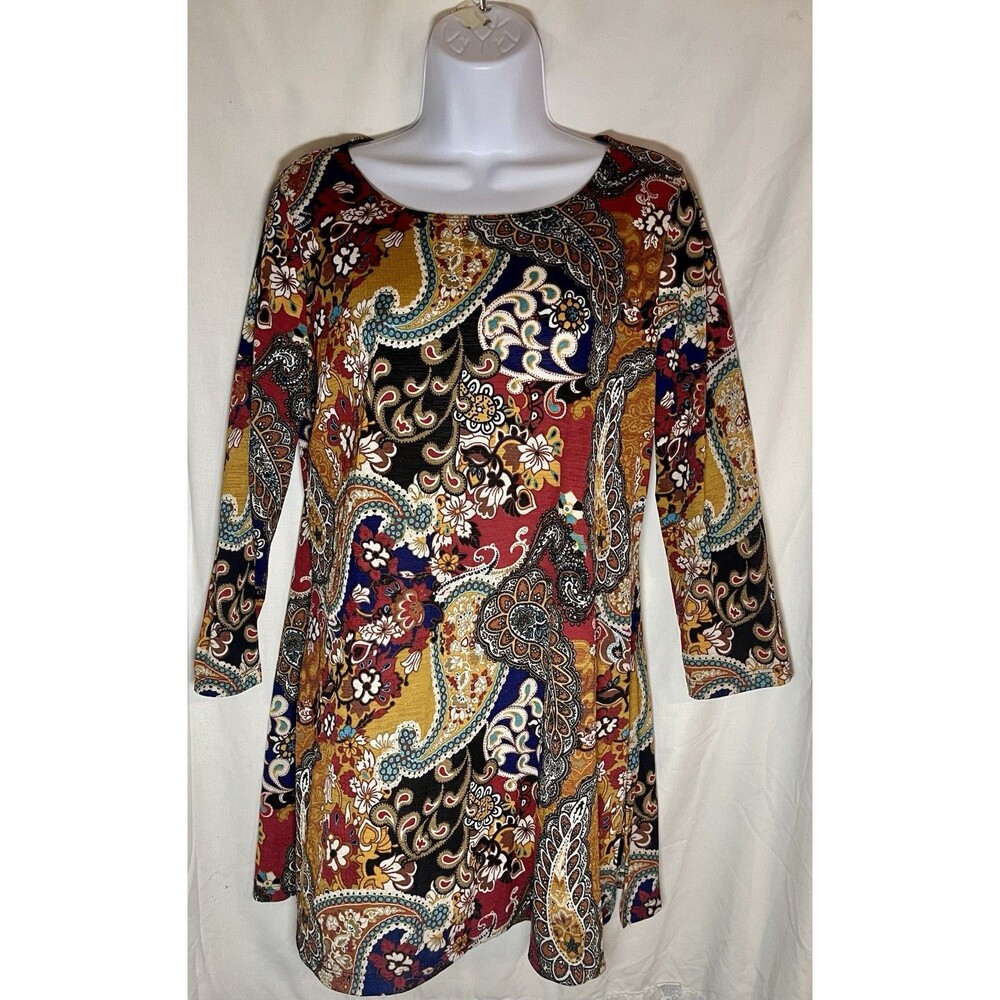 Travel Elements Womens Tunic Dress Medium Multicolor Paisley 3/4 Sleeve USA Made